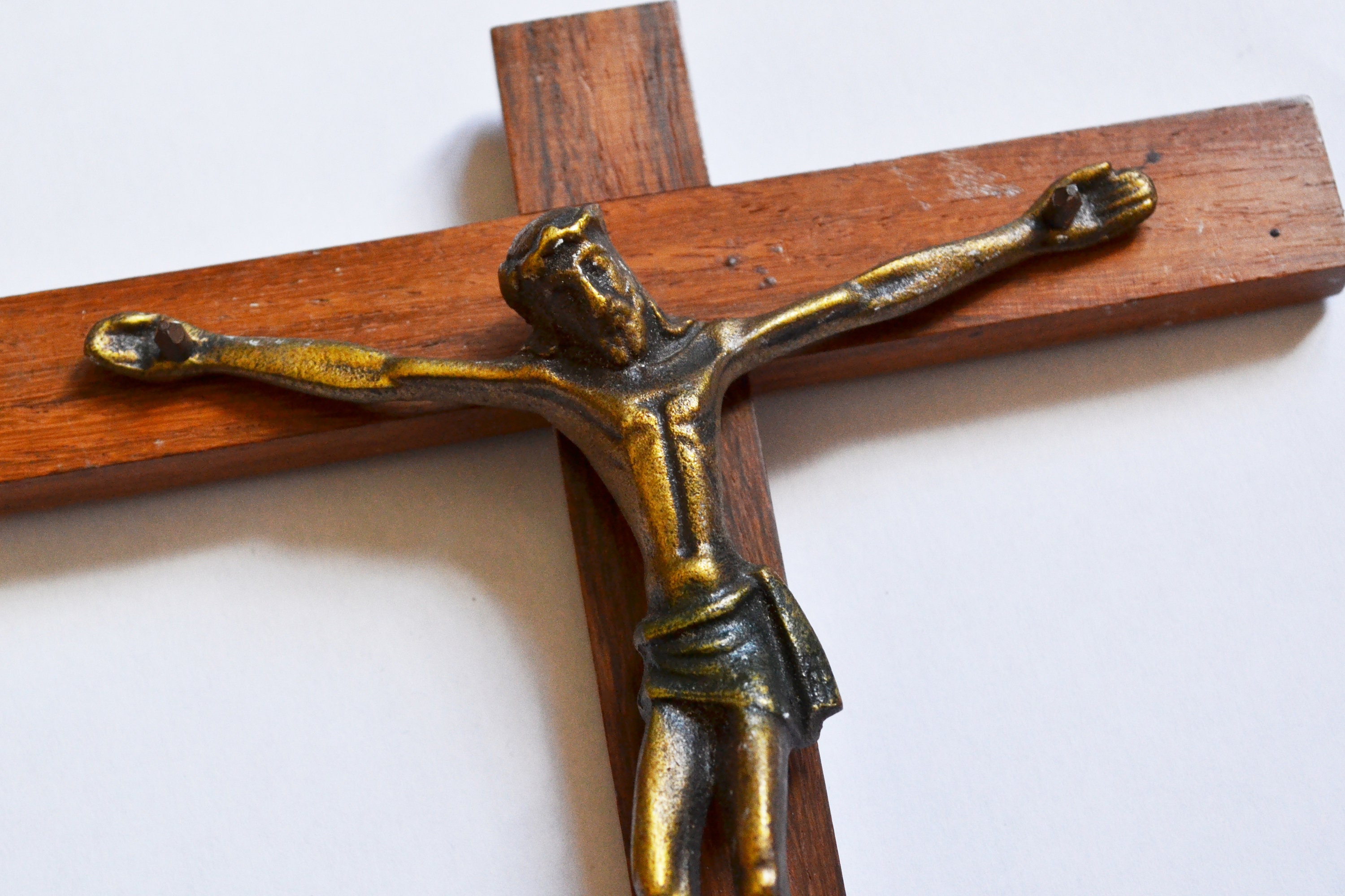 Grand Crucifix, Crucifix Antique, France, Crucifix Mural Ancien, Métal et Bois, en Français