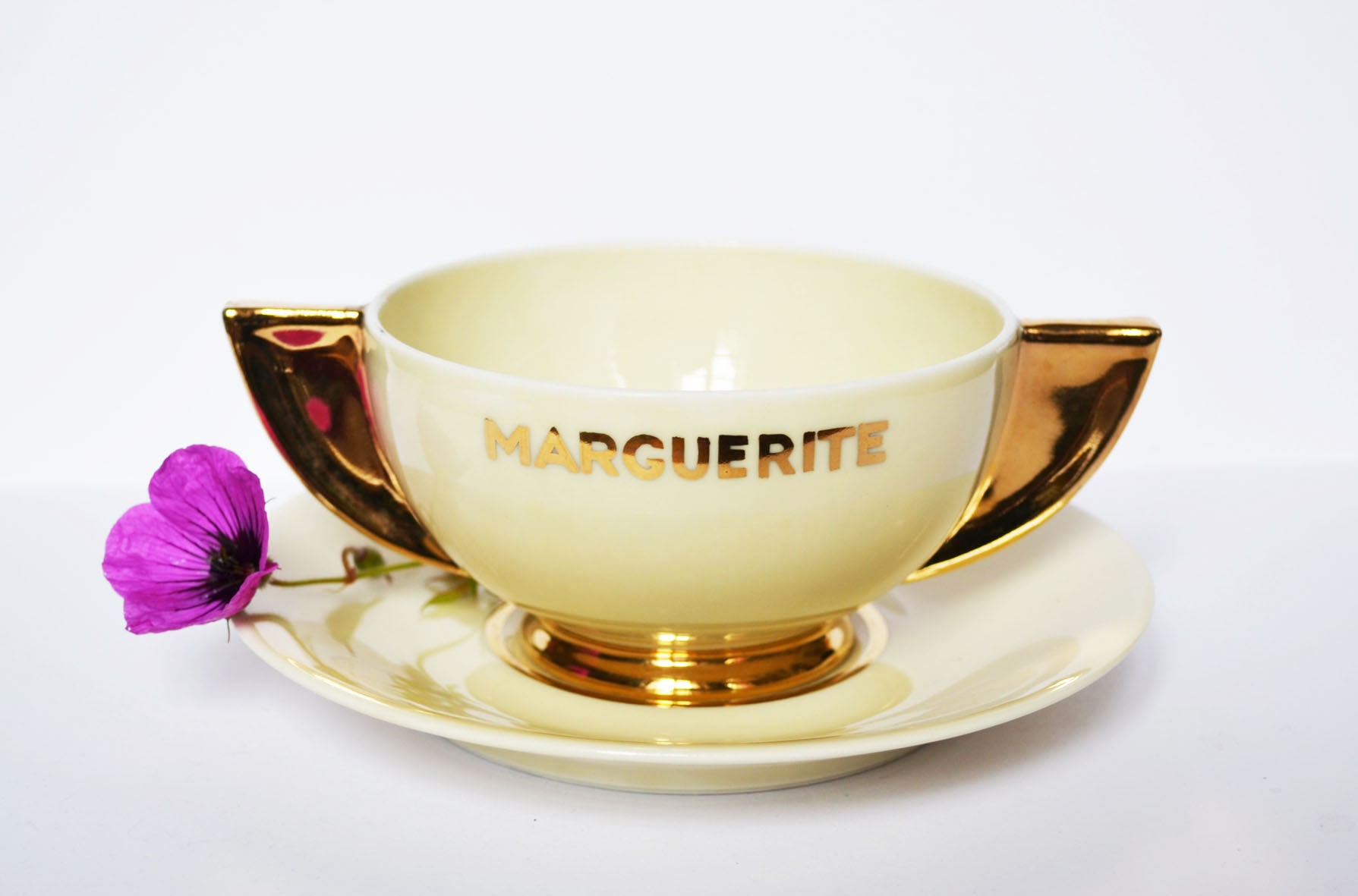 Grande Tasse, Bol, Porcelaine de Limoges, Art Deco, Doré, Beige, Soucoupe + Café Vintage, Marguerite