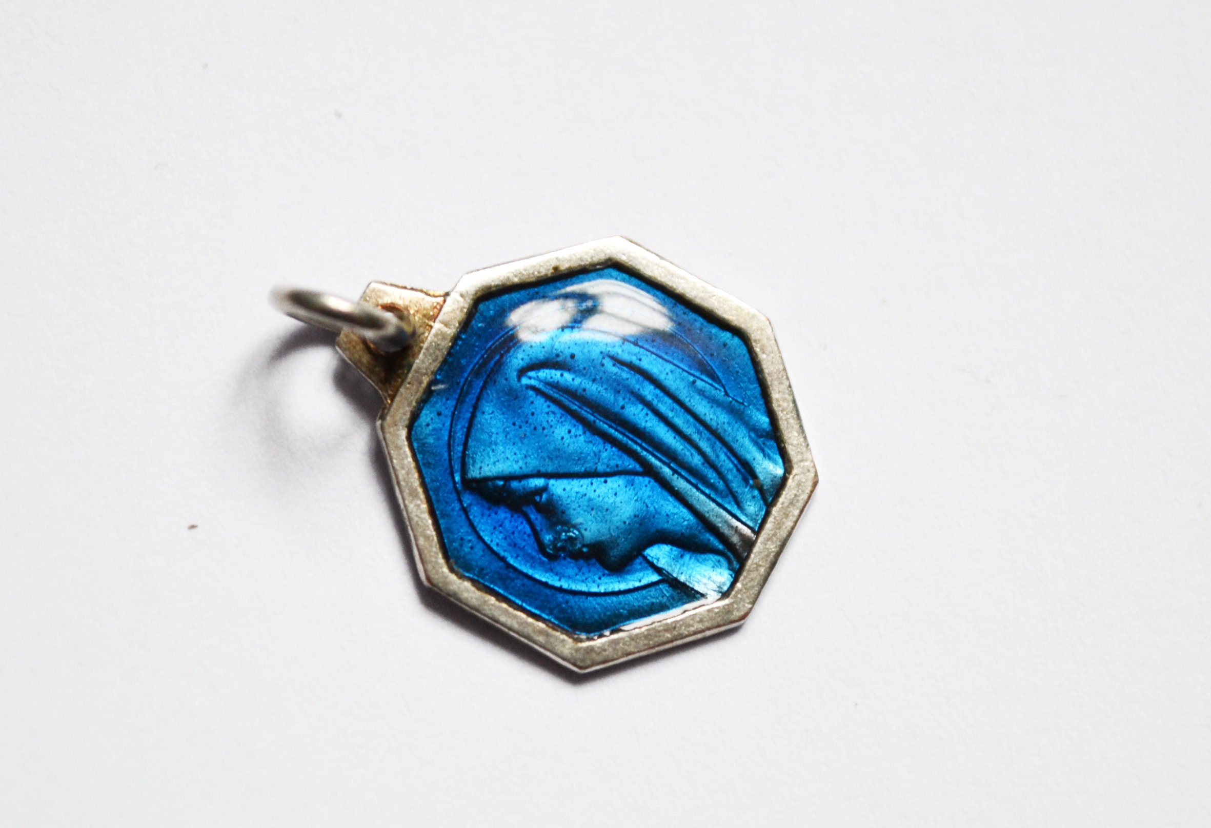 Médaille Antique, Octogone, Religieuse, Bleu Émaillé Vintage, Vierge, Marie, Sainte, Catholique, Chr