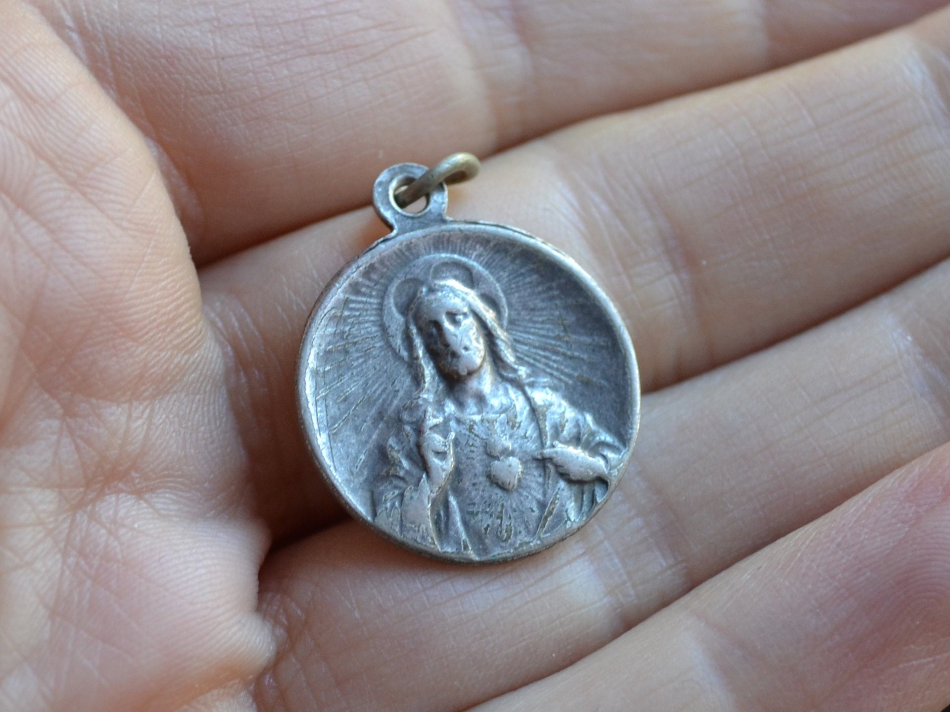 Médaille Antique, Sacré Coeur de Jésus et Notre Dame Mont Carme, Médaille Catholique, Antique France