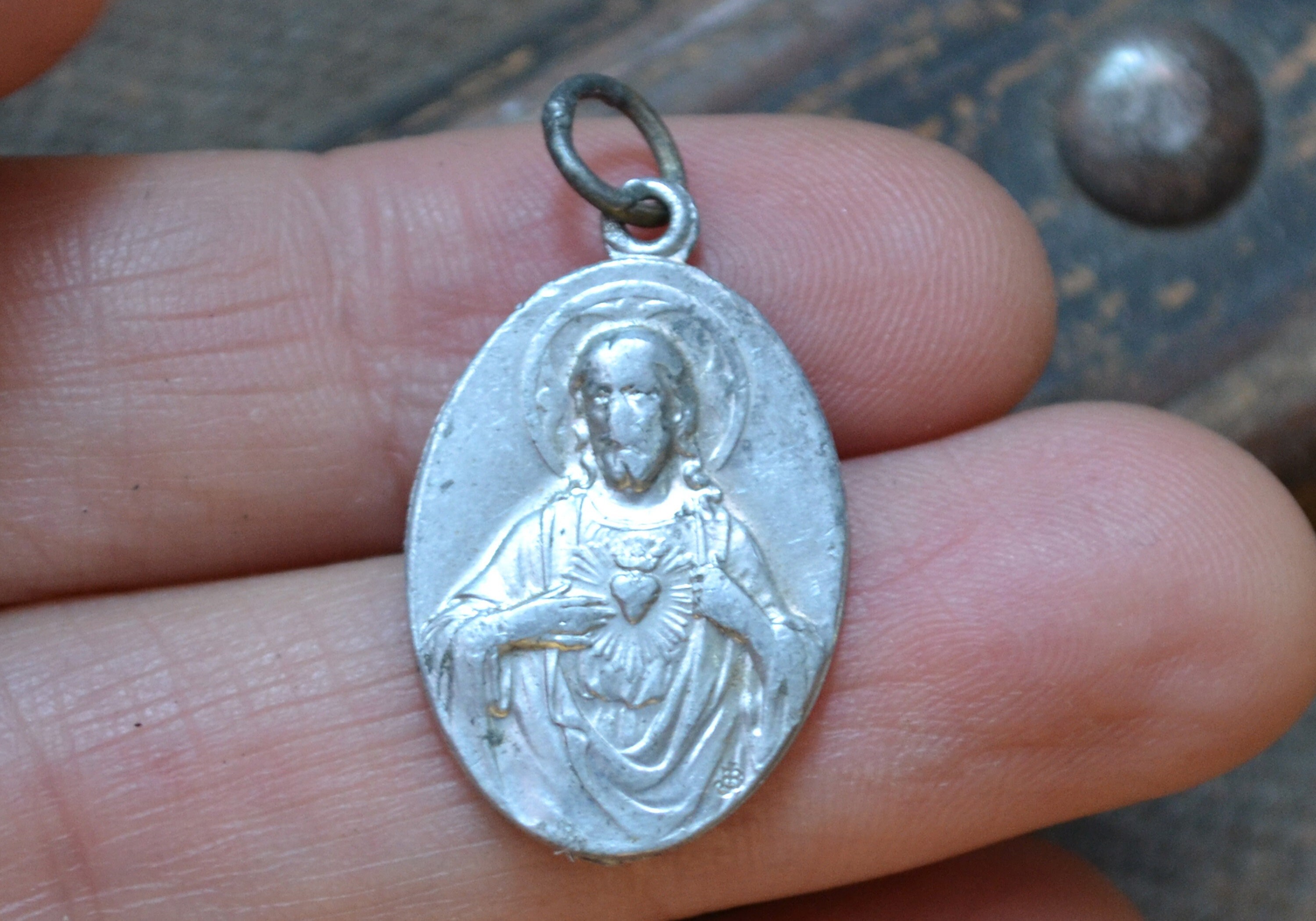 Grande Médaille Jésus et La Vierge Marie, Médaille Ovale, Antique Français, Aluminium, Regina Decor 