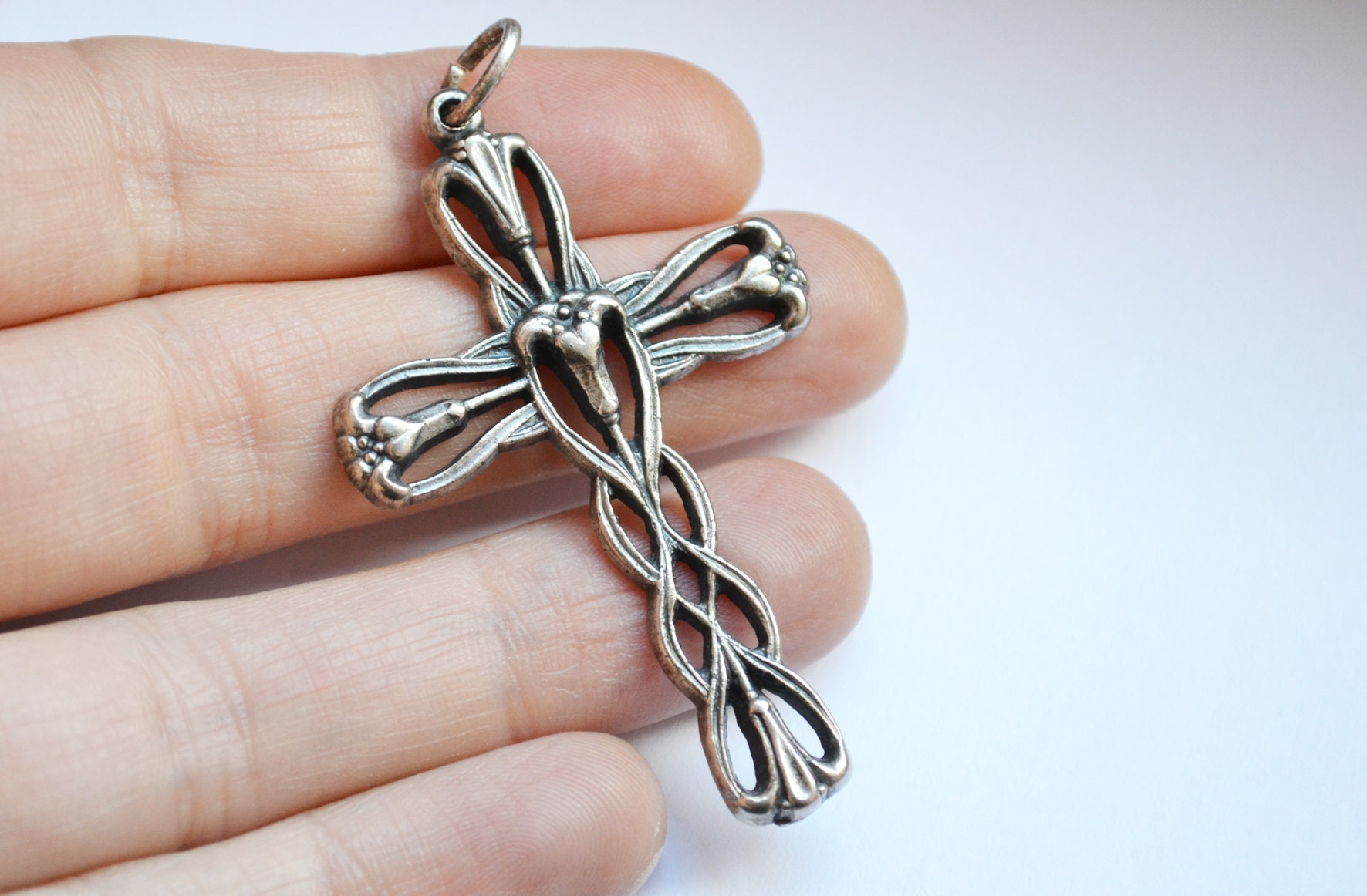 Magnifique Croix, Crucifix, Fleurs, Art Nouveau, Cadeau Religieux, Fleurs de Lys, Italy, Catholique,