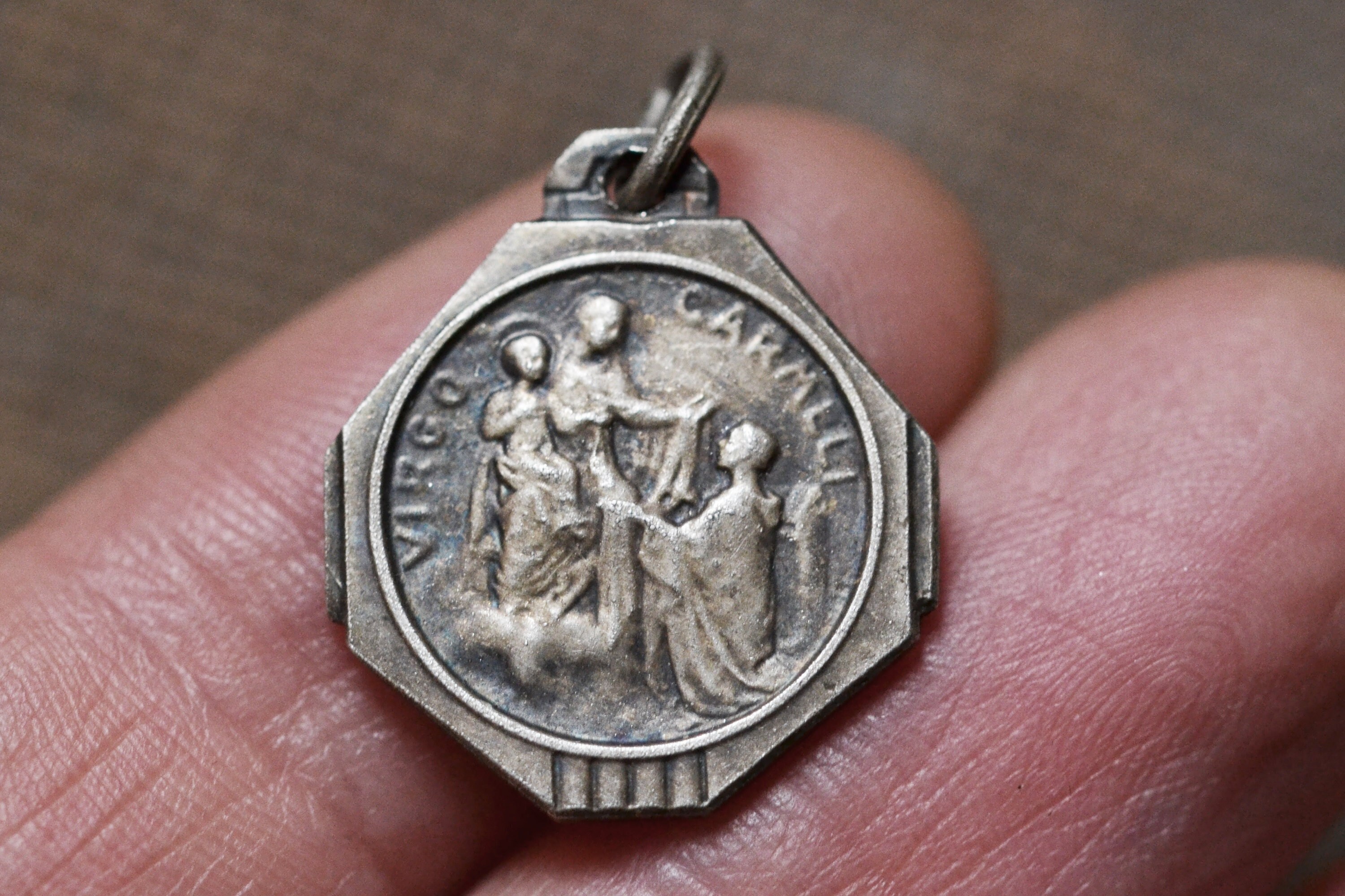 Médaille Jésus et La Vierge Marie, Médaille, Antique Français, Métal, Regina Decor Carmeli, Catholiq