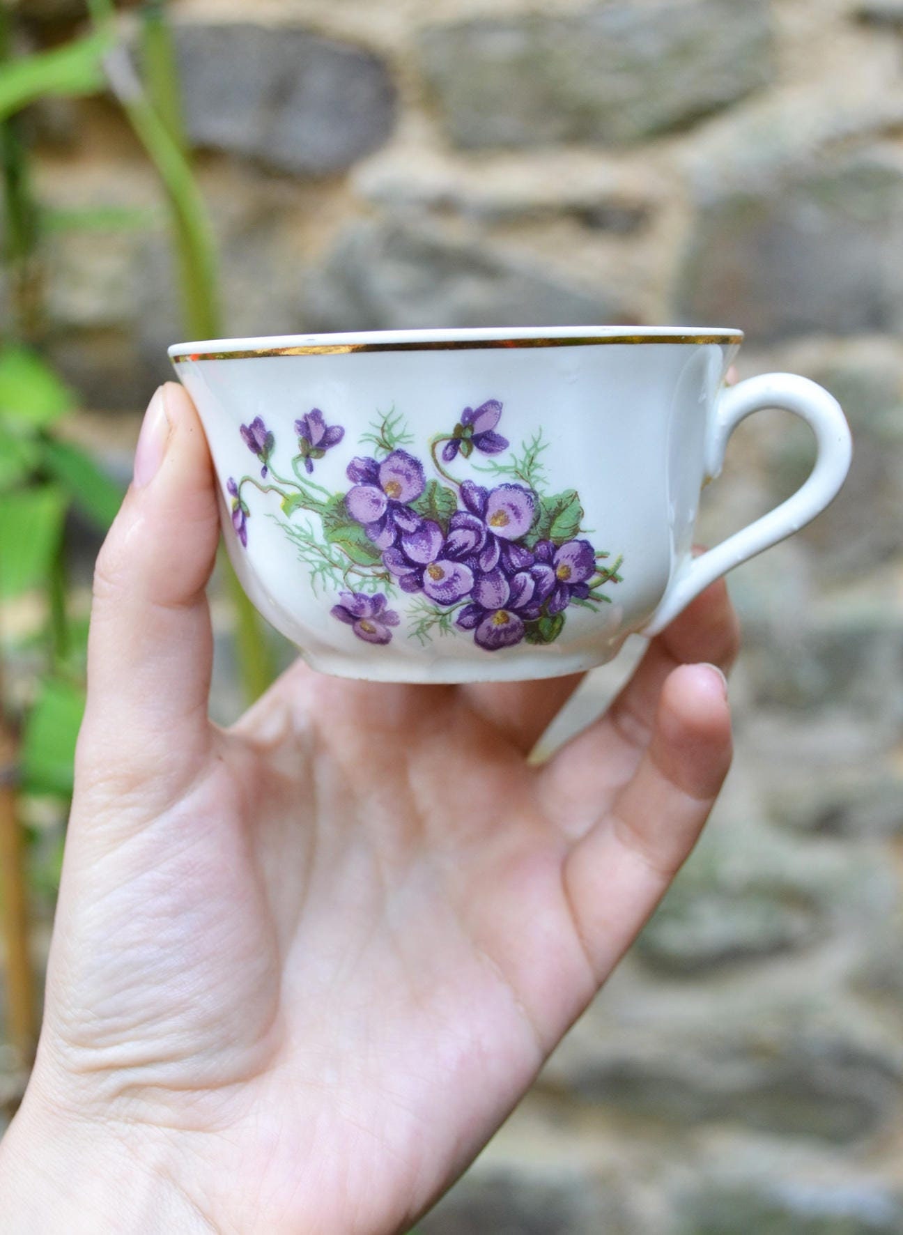 6 Tasses Anciennes, Vintage Françaises, Fleurs Violettes, Botanique, Porcelaine, Café Au Lait