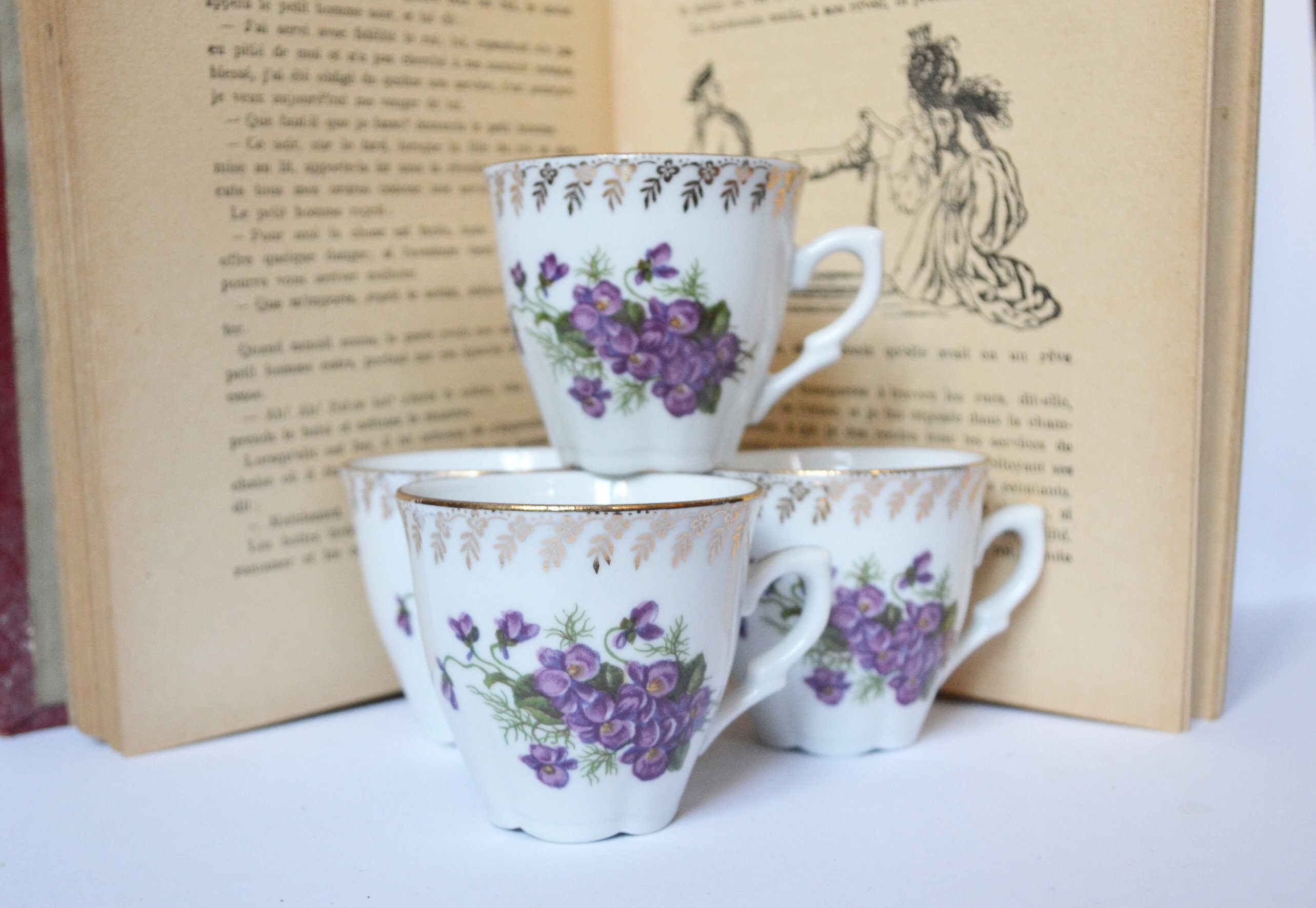 4 Tasses Anciennes, Porcelaine Chauvigny, Vintage Françaises, Fleurs Violettes, Botanique, Porcelain