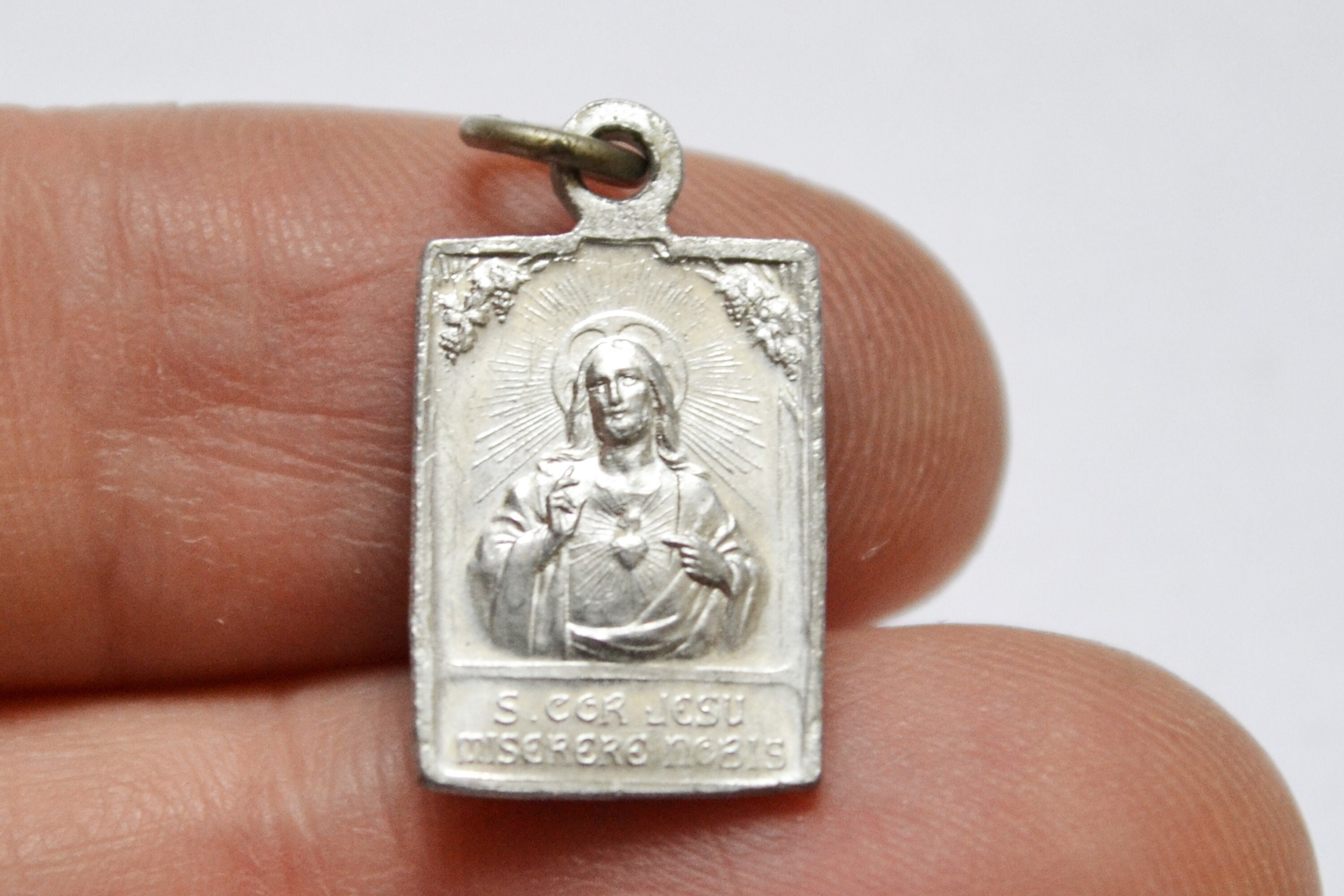 Médaille Antique, Sacré Coeur de Jésus et Notre Dame Mont Carme, Médaille Catholique, Rectangulaire,