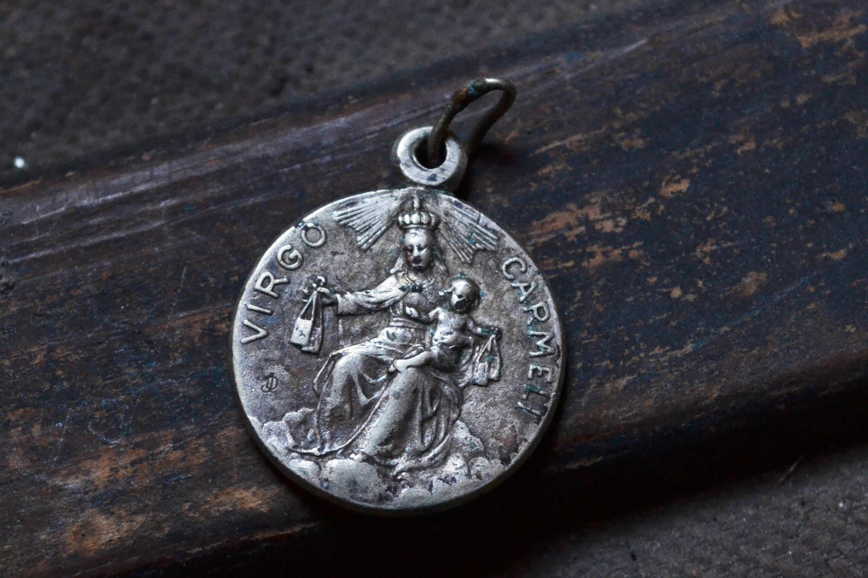 Grande Médaille Jésus et La Vierge Marie, Médaille Ronde, Antique Français, Métal, Regina Decor Carm