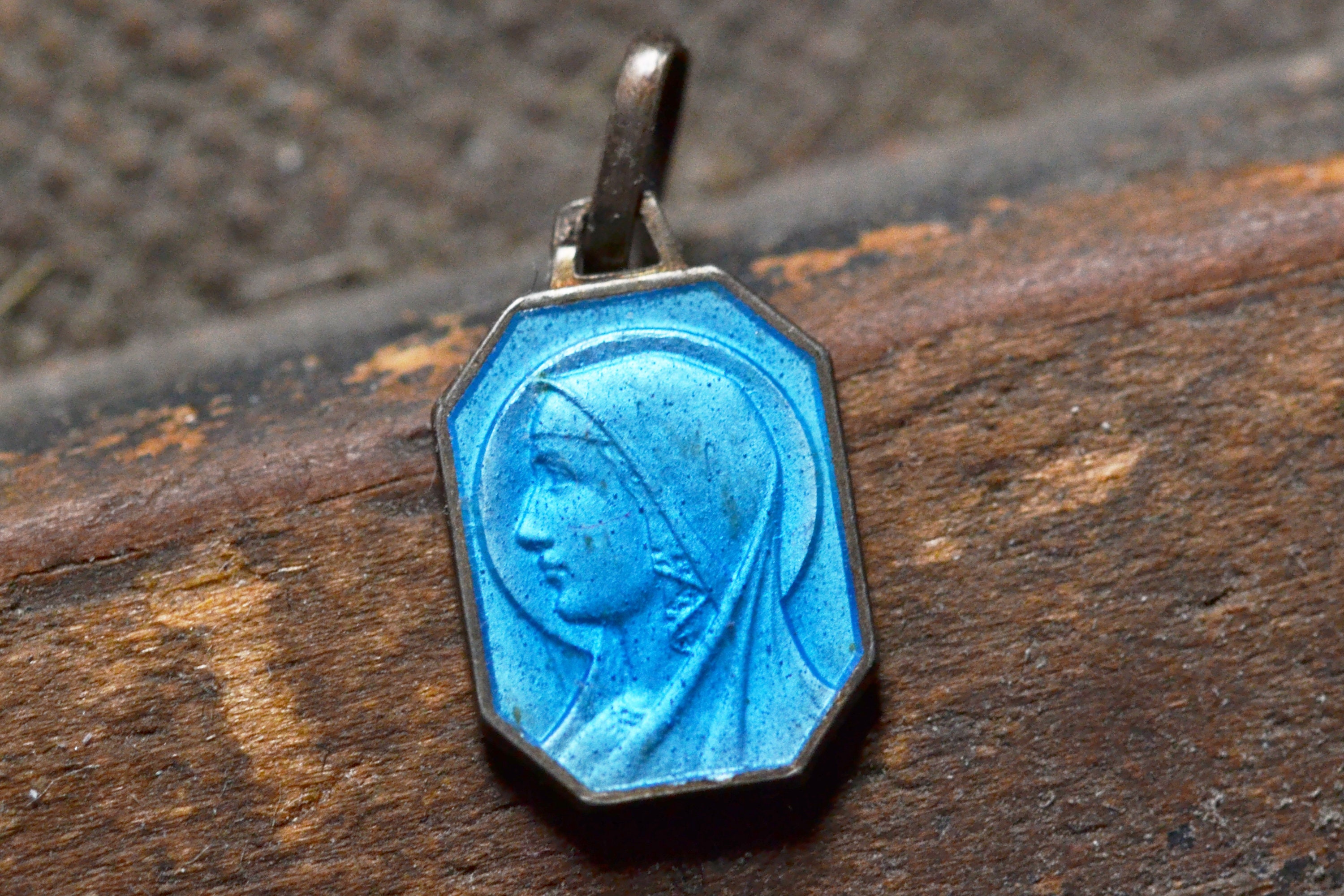 Miniature, Médaille Antique, Religieuse, Bleu Émaillé Vintage, Vierge, Marie, Sainte, Catholique, Ch