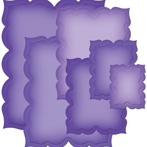 May include: Set of five purple die-cut frames with scalloped edges. The frames are nested within each other, with the largest frame at the bottom and the smallest frame at the top.
