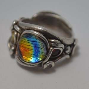 Crinklized Dichroic Glass, Fine Silver PMC Ring, Sunburst Rainbow colors of red, orange, yellow, green and blue, with cubic zirconia accent.