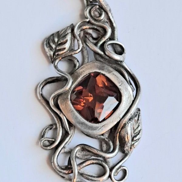 Fine Silver PMC "Romancing the Stone" Pendant with Smoked Topaz Cubic Zirconia Handmade