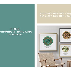 The image is a collage of three separate images. The top image is a large green rectangle with white text that reads "FREE SHIPPING & TRACKING ALL ORDERS". The middle image is a framed picture of a circular design with a green and gold color scheme. The bottom image is a framed picture of a similar circular design with a green and gold color scheme.