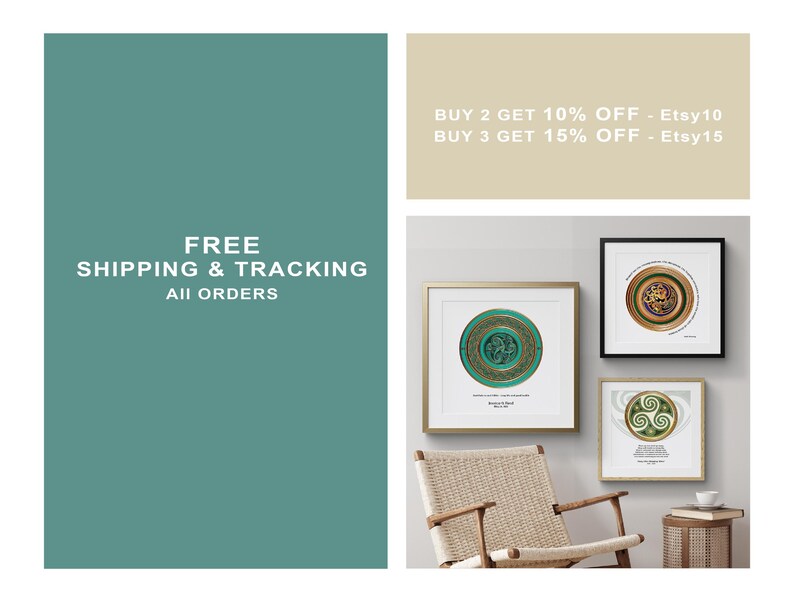 The image is a collage of three separate images. The top image is a large green rectangle with white text that reads "FREE SHIPPING & TRACKING ALL ORDERS". The middle image is a framed picture of a circular design with a green and gold color scheme. The bottom image is a framed picture of a similar circular design with a green and gold color scheme.