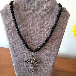 Black Glass Bead Necklace with Silver Cross Pendent