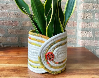 Rope Planter Wrap, for 6.5" Pot | Green, Gold Medium Size Houseplant Pot Cover | Clothesline Planter | Indoor Plant Pot | Handmade in USA