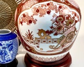 Vintage Japanese Ginger Jar Vase Red and Gold Imari Style Porcelain Jar Vase Flower Cart Rickshaw Design Japanese Decorative Arts