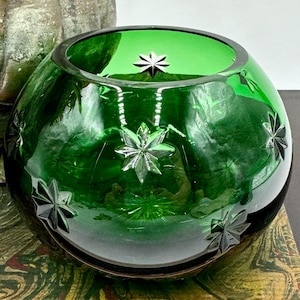Beautiful Emerald Green Crystal Bowl | Small Votive Candle Holder | Star Cuts | Deep Green Cut Crystal Decor