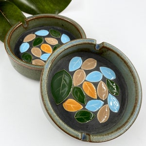 Beautiful Ceramic Pottery Mosaic Ashtrays | Small Circular Ashtrays | Multicolor Botanical Leaf Design | Trinket Dish | Jewelry Ring Dish