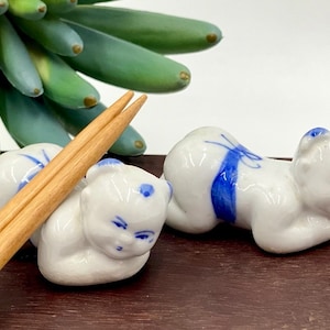 Vintage Chinese Opium Pillow Chopstick Rests | Painted Porcelain Crawling Babies | Chinese Asian Baby Figurines | Blue and White Ceramic