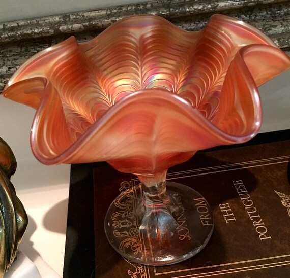 Fenton Peacock Tail Pulled Feather Ruffled Pedestal Dish Bowl Etsy
