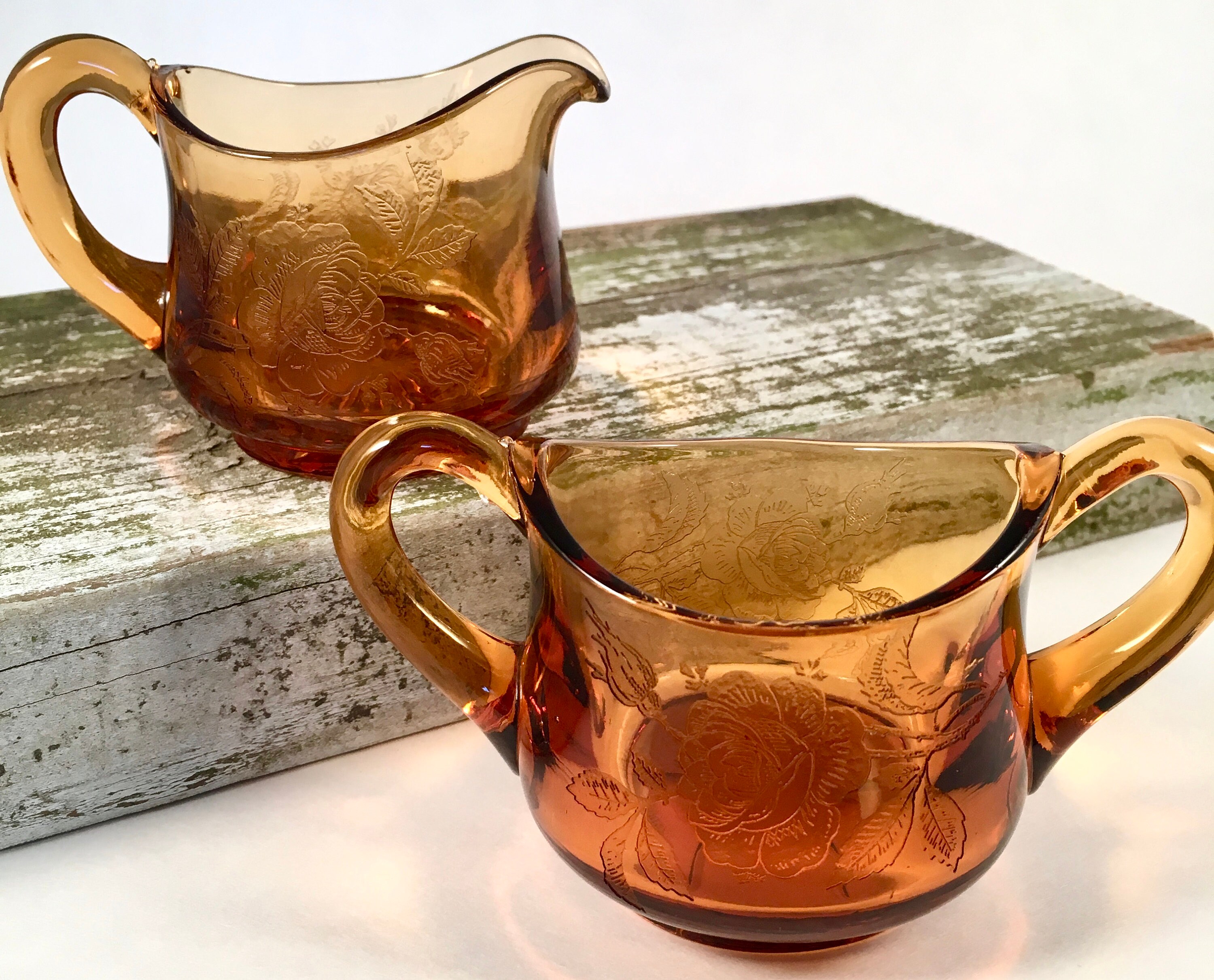 Vintage Amber Glass Sugar Bowl and Creamer Set Etched Glass Etsy