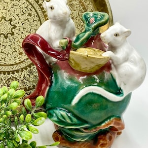 Vintage Chinese Zodiac Sculpture | Glazed Ceramic Clay Rats | Two White Rats | Year of the Rat Chinese Zodiac Birthday Decor