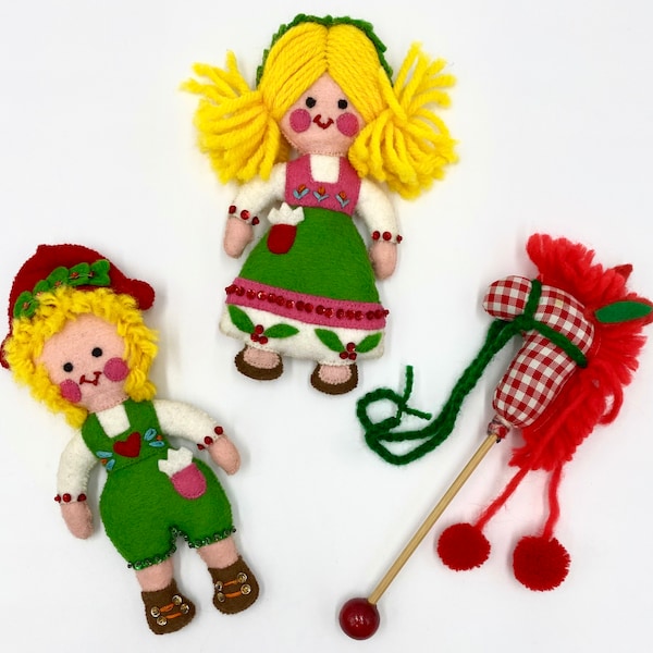Vintage Felt Cloth Yarn Figures | Red and White Gingham Stick Horse | Blonde Bavarian Boy and Girl | Traditional Folk Costume Lederhosen