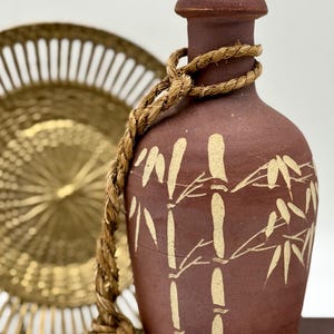 Vintage Japanese Stoneware Sake Bottle | Collectible Sake Jug with Cork Stopper and Twine | Matte Finish with Incised Bamboo Design