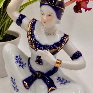 Pretty Vintage Ceramic Porcelain Thai Temple Dancer | Blue and White Porcelain Dancer | Delicately Hand-Painted Asian Dancer Figurine Statue