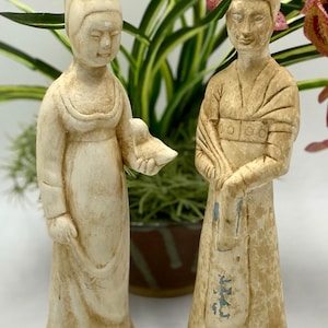 Vintage Pottery Court Ladies Figurines | Chinese Female Attendant Statues | Earthenware Tomb Figures | Tang Dynasty | Asian Ceramic Art