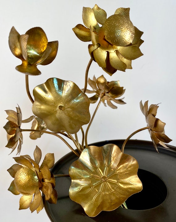 Vintage Japanese Golden Brass Lotus Blossom Flower Bouquet
