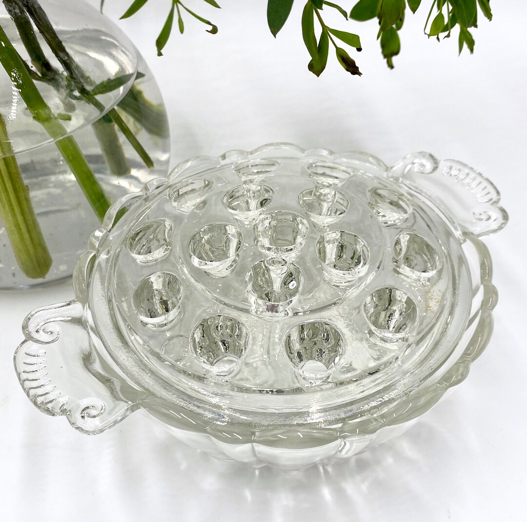 Vintage Depression Glass Flower Frog Vase Round Glass Flower Frog With