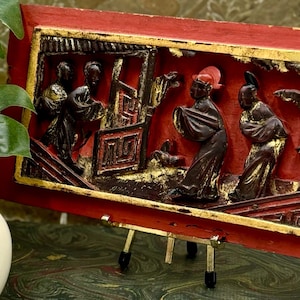 Antique Chinese Decorative Panel | Carved Wood Relief Plaque | Red and Gold Gilt Lacquered Finish | Collectible Chinese Wall Decor