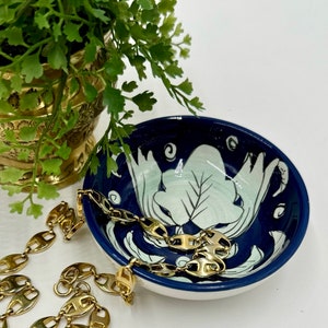 Vintage Glazed Ceramic Trinket Dish by Century | Charming Hand-Painted Graphic Design | Blue and White | Ring Jewelry Dish