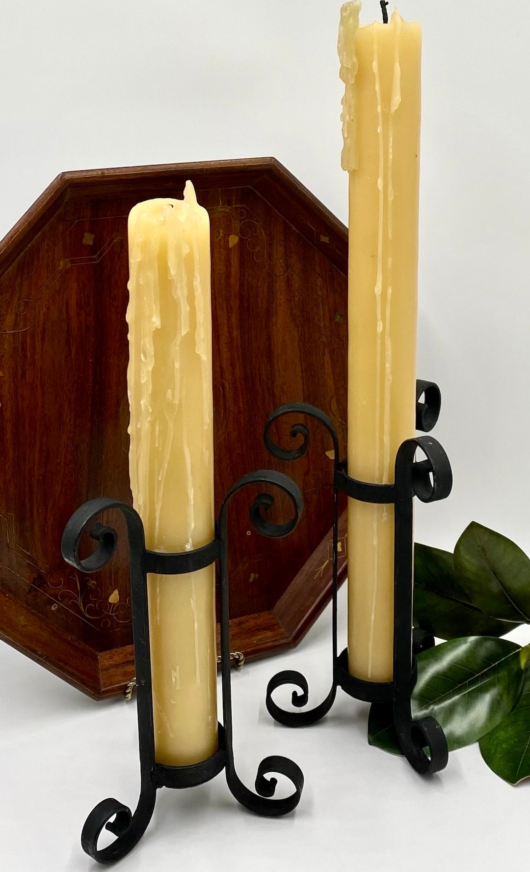 Set of TWO Vintage Black Wrought Iron Candle Holders Pillar Candle