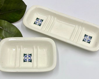 Vintage Ceramic Bathroom Accessories | Arts & Crafts Style Pottery Dishes | Soap Dish | Toothbrush Dish | Glazed Pottery Trinket Dishes