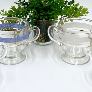Vintage Clear Glass Sugar and Creamer Set | Kent Products Striped Glass Sugar & Creamer | Thin Gold Banding and Wide Sand-Textured Band