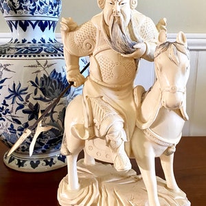 Fabulous Vintage Chinese Warrior Statue | Warrior in Armor with Spear | Warrior on Horseback | Carved Alabaster Resin | General Guan Yu