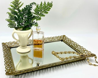 Lovely Vanity Dresser Tray | Rectangular Tray with Filigree Rim | Mirrored Tray | Make-Up or Perfume Tray | Jewelry Tray | Bar Tray