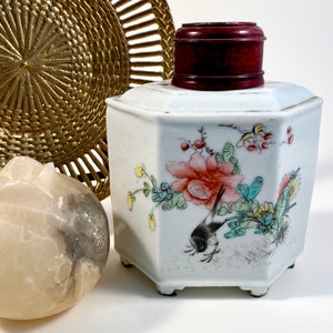 Antique Chinese Ceramic Porcelain Tea Caddy | Hexagonal Chinese Tea Caddy with Wooden Cover | Painted Floral Image with Bird | Chop Mark