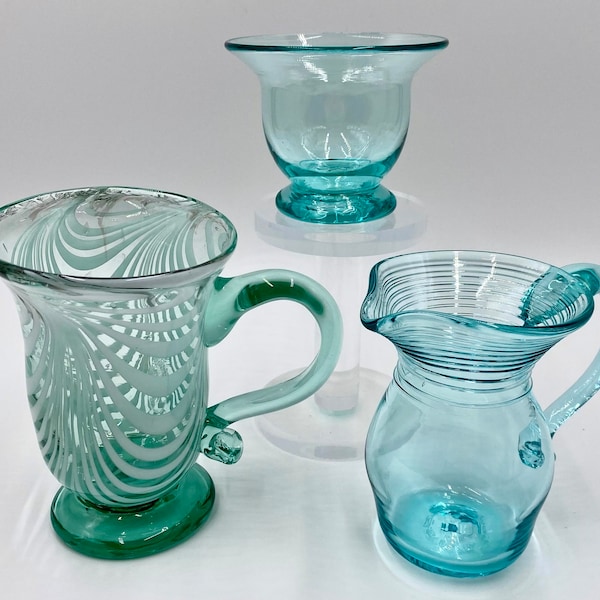 Vintage Liberty Village Decorative Glass | Collectible Glass Objects | Clear or Swirl Blue Blown Glass Vessels | Colonial Style Pitcher Bowl