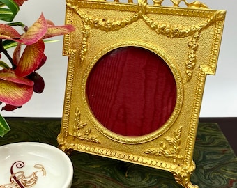 Gorgeous Antique French Frame | Gilded Bronze Doré Art or Photo Frame | Red Moiré Silk Lining | French Neoclassicism Luxury Designer Decor