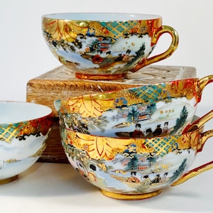Exquisite Painted Asian Porcelain | Tea Cup | Dinner Plate | Landscape Lake Mountain Scene | Palace Courtiers | Gold Embellishment