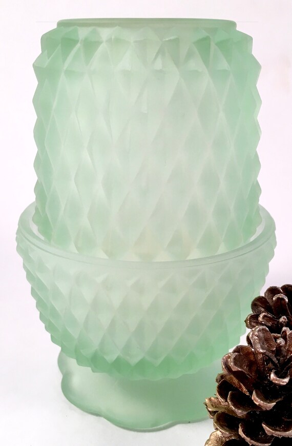 Indiana Glass Fairy Lamp Diamond Point Pattern Light Green Etsy