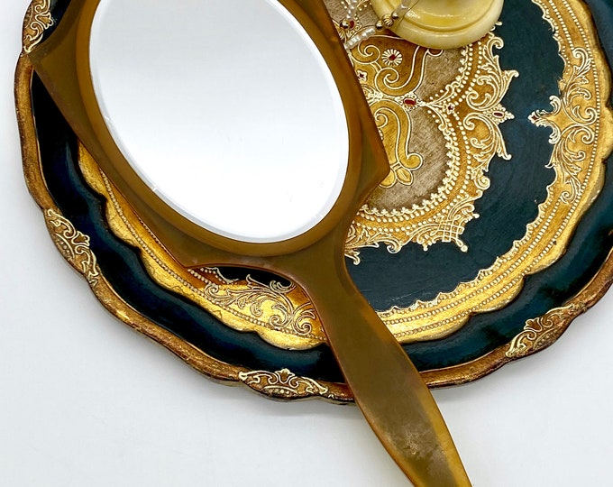 Lovely Art Deco Hand Mirror Art Nouveau Vanity Mirror Marbleized Green