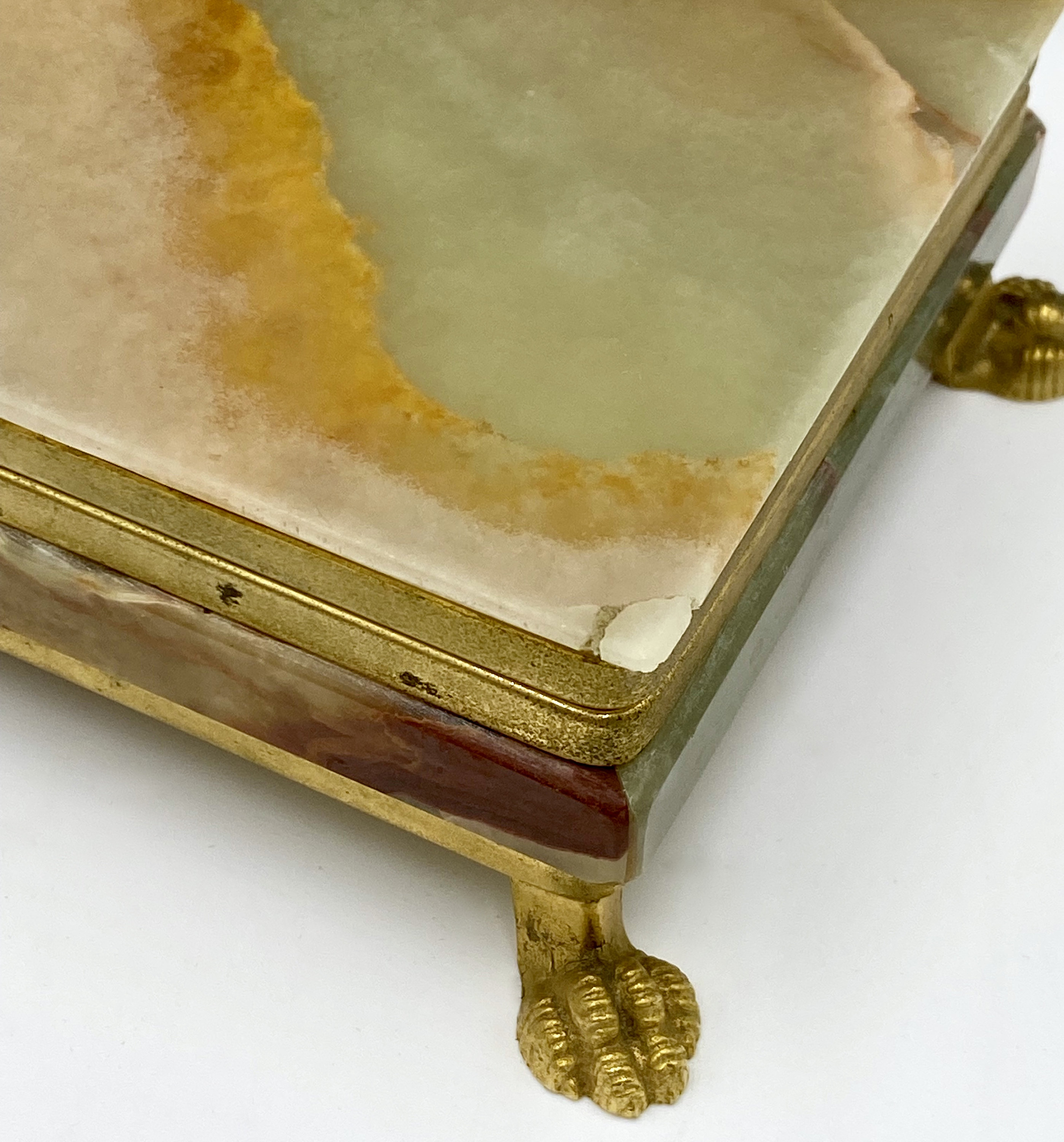 Vintage Variegated Onyx Box With Hinged Lid and Lion's Paw Feet