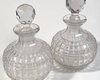 Antique Clear Optic Glass Bottles Cruets | Prism Stoppers | Mold Blown Bottles | Square Facets | Vanity Decor | Cologne Bottles | Barware