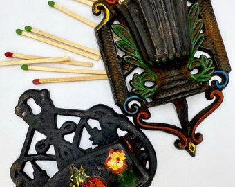 Darling Vintage Cast Iron Matchstick Holders | Fireplace Hearth Decor | Indoor Outdoor Kitchen Match Holder | Patio Match Holder