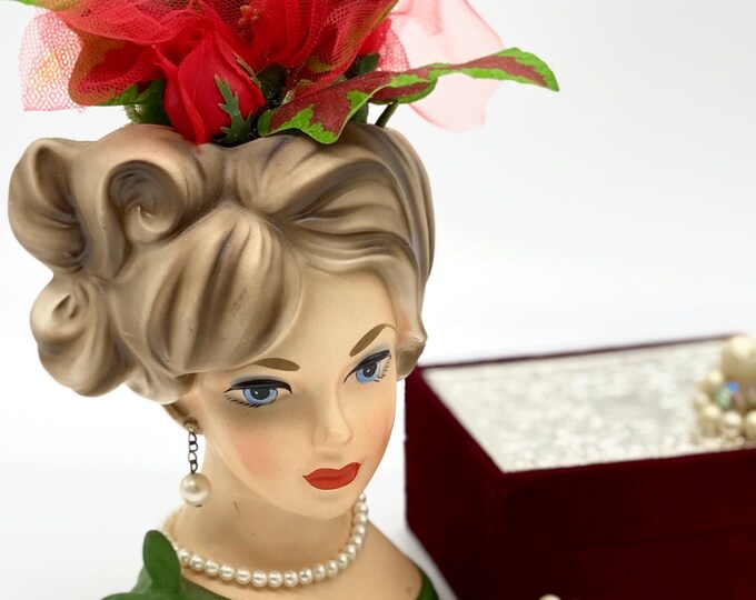 Vintage Napcoware Ceramic Plaster Head Vase C7293 Chic Lady With Pearls Head Vase Florist Ware