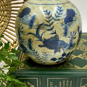 Vintage Reproduction Chinese Vase | Ming Style Blue and White Open Jar | Applied Patina | Chinoiserie Decor | Chinese Fish Vase Vessel